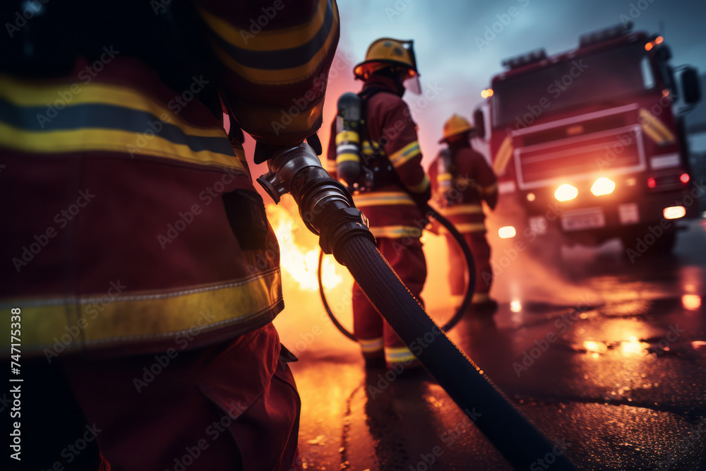 Selective focus Firemen fighting a burning fire with flames to rescuing people Created with Generative AI technology. Selective focus Firemen fighting a burning fire with flames to rescuing people Created with Generative AI technology.