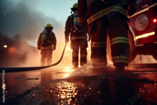 Selective focus Firemen fighting a burning fire with flames to rescuing people Created with Generative AI technology. © Sakrapee Nopparat