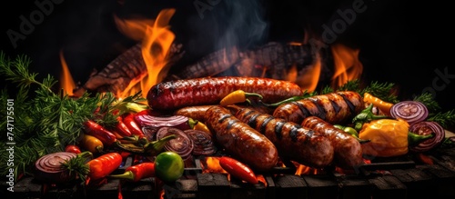 A forest grill filled with hot dogs and vegetables cooking over the fiery flames. The sausages sizzle as they char on the grill, while the colorful veggies roast to perfection.