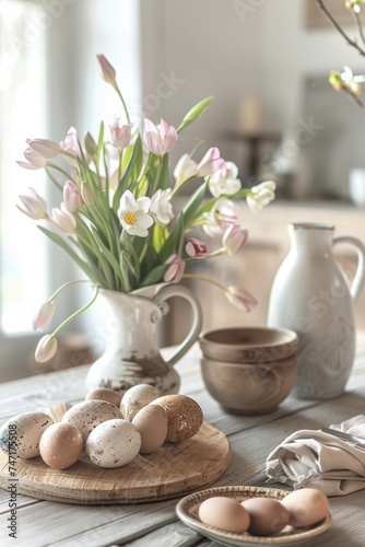 Wooden table with vase of flowers and eggs