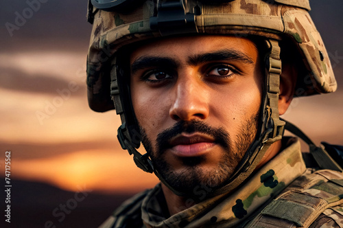 Close-up of focused arabian soldier in camo attire with helmet against dusky sky, confident look. Confident arab soldier in camouflage gear. Military war concept. Copy ad text space. Generate Ai © Alex Vog