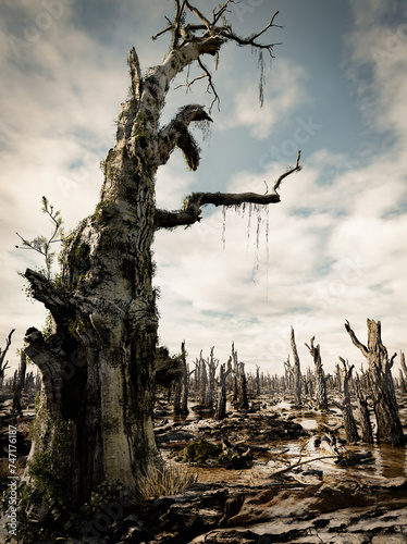 Cracked land and  dead tree, 3D illustration photo