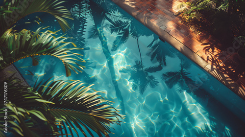 beautiful blue water in swimming pool with palm trees 