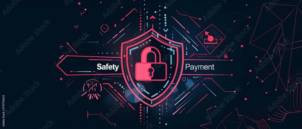a high-tech illustration  design with the text Safety Payment. with a shield and lock icon.  the concept of safe and secure payment transactions.
 - obrazy, fototapety, plakaty 