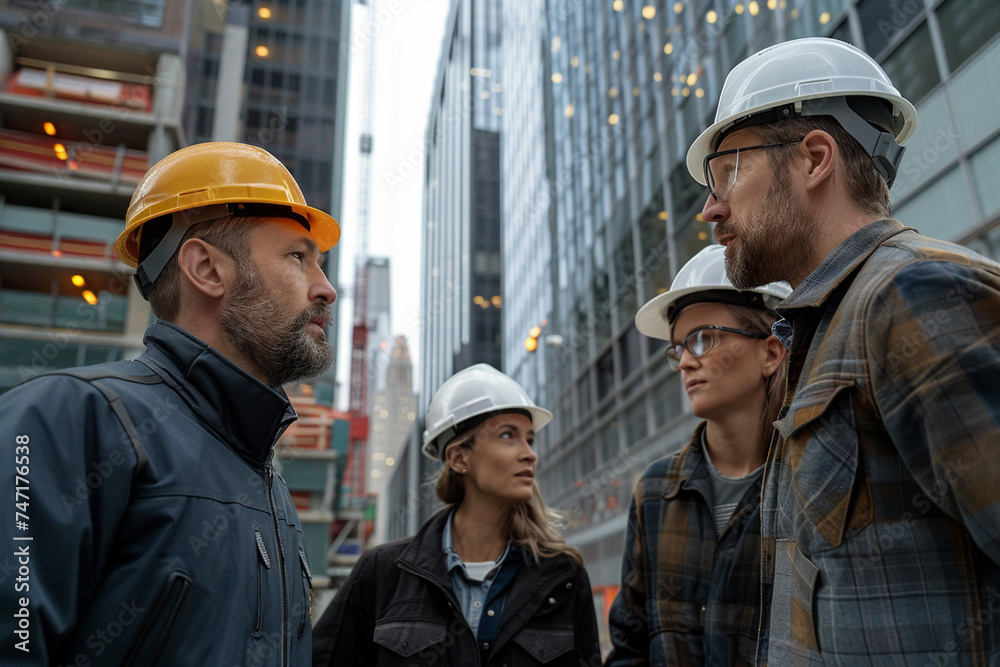 sleek photo capturing an engineer team meeting on a construction site in a modern city, all wearing worker helmets, with a backdrop of skyscrapers, showcasing collaboration and saf sleek photo capturing an engineer team meeting on a construction site in a modern city, all wearing worker helmets, with a backdrop of skyscrapers, showcasing collaboration and saf