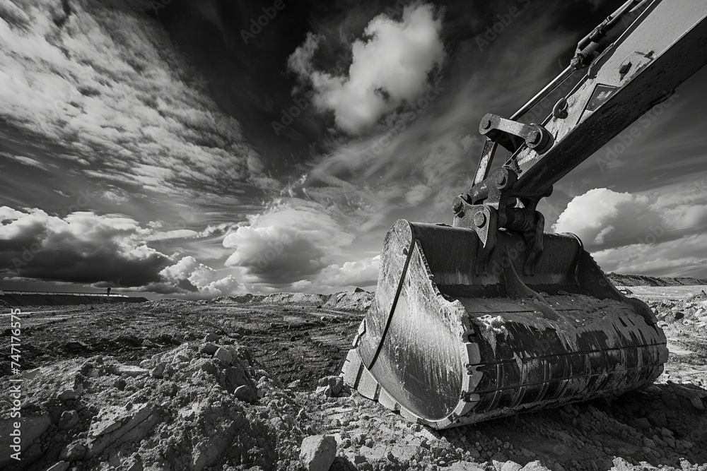 excavator bucket at work, with the sky lending a sense of depth and drama to the scene, photo - obrazy, fototapety, plakaty 