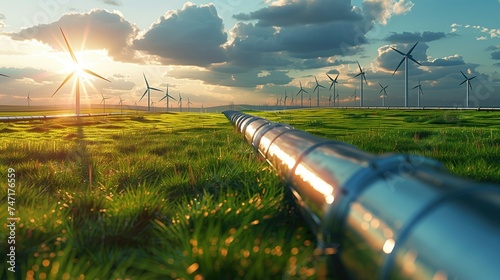 Fuel pipeline with wind turbines in the background, Renewable green energy production concept photo