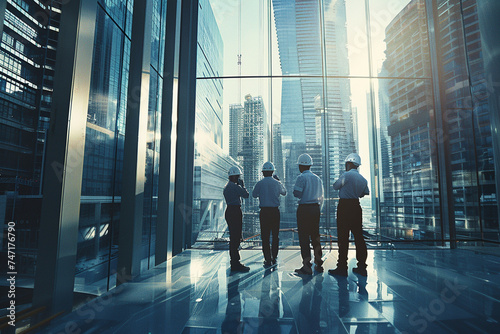 Dynamic shot of the energy and focus of an engineer team meeting on a construction site in a vibrant modern city, their hardhats symbolizing their commitment to safety and excellen photo