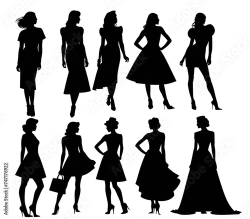 A lot of black silhouettes of beautiful women on white background