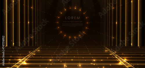 Elegant golden scene circle glowing with lighting effect sparkle on black background. Luxury premium award design. photo