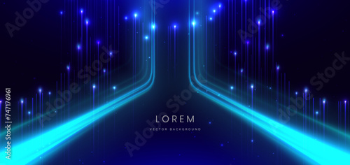 Abstract technology futuristic glowing neon blue light lines with speed motion moving on dark blue background with lighting effect.