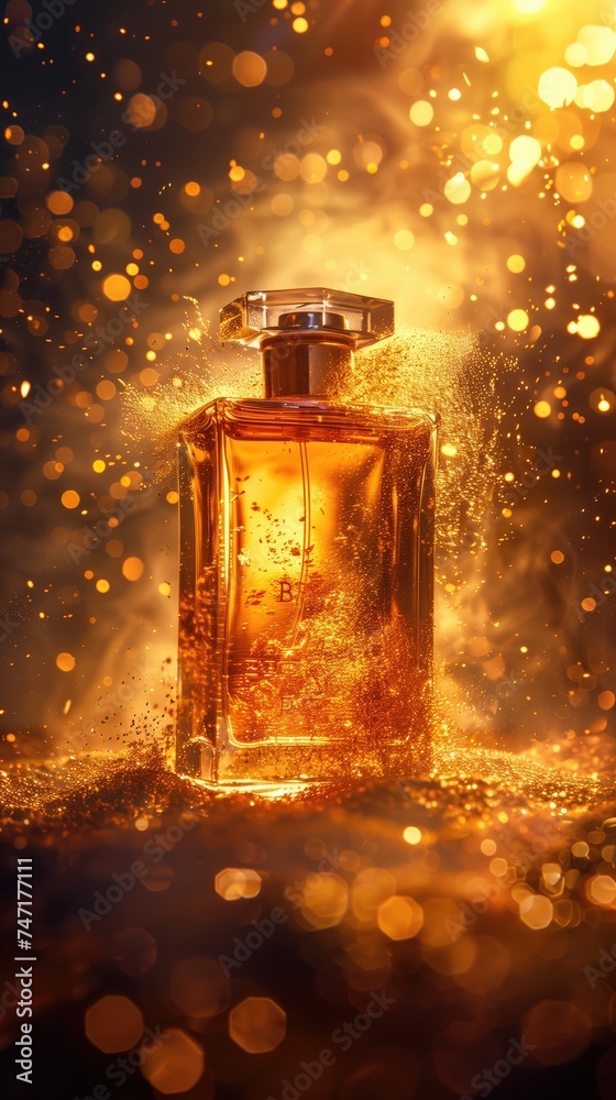 Perfume glass bottle with golden glitter and bokeh background Perfume glass bottle with golden glitter and bokeh background