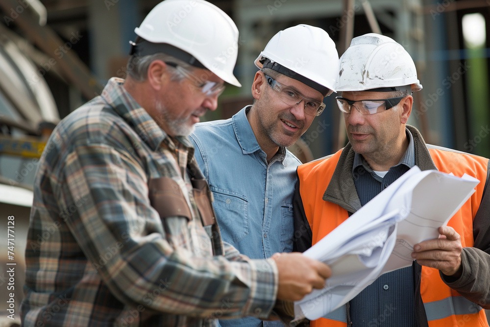 collaboration and leadership of a foreman, industry project manager, and engineer, gathered around plans and blueprints, symbolizing efficiency and expertise in the workplace, phot collaboration and leadership of a foreman, industry project manager, and engineer, gathered around plans and blueprints, symbolizing efficiency and expertise in the workplace, phot