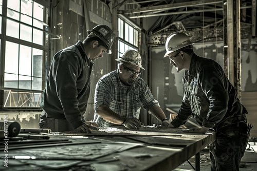 captivating shot of synergy between a foreman, industry project manager, and engineer as they work together to ensure the success of a project, their coordinated efforts reflected