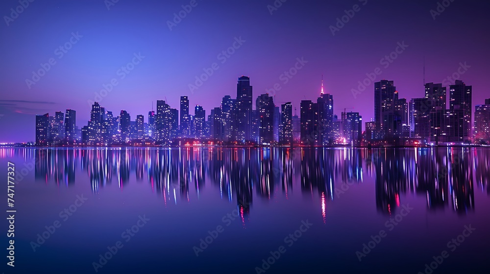 Vibrant city skyline reflecting on calm waters at night. Generative Ai