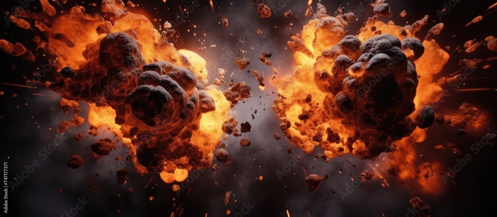 A bunch of balls of fire, created by the explosion of munitions, soar through the air with smoke trailing behind. The fiery orbs move swiftly and unpredictably across the sky. A bunch of balls of fire, created by the explosion of munitions, soar through the air with smoke trailing behind. The fiery orbs move swiftly and unpredictably across the sky.