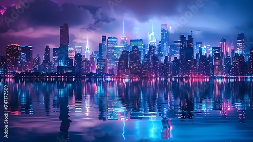 Vibrant city skyline reflecting on calm waters at night. Generative Ai