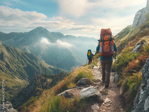 ikers trekking through rugged mountain terrain in a scenic outdoor adventure scene