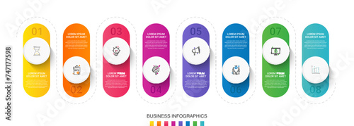 Vector infographic design template. Modern timeline concept with eight steps, circles. Vector illustration used for diagram, workflow layout, banner, webdesign, presentations, flowchart