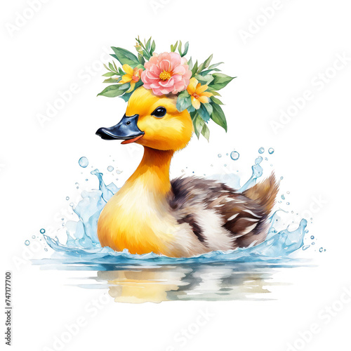 Cute baby duck swimming in water wearing a floral crown watercolor illustration