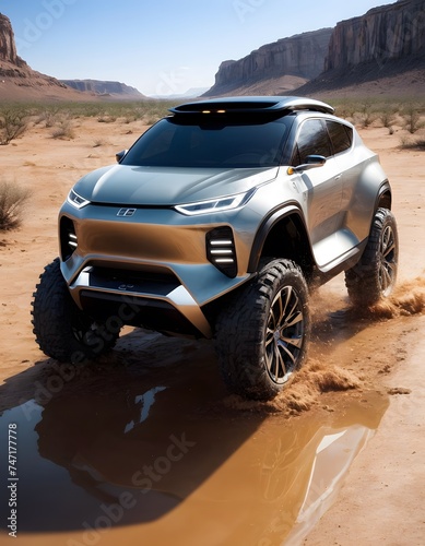 Reflecting off the desert surface, this silver electric off-road concept vehicle illustrates high-tech design combined with the thrill of adventure.