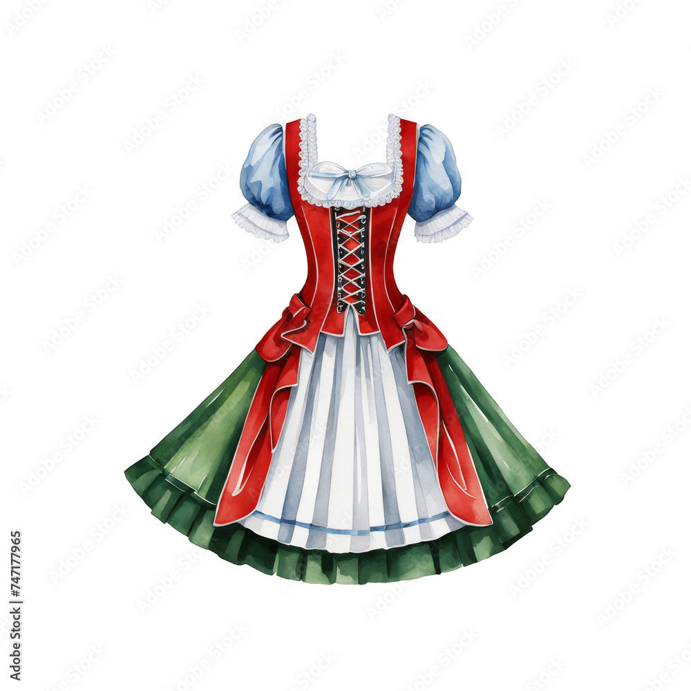 Traditional Germany dirndl dress watercolor illustration, beautiful female attire