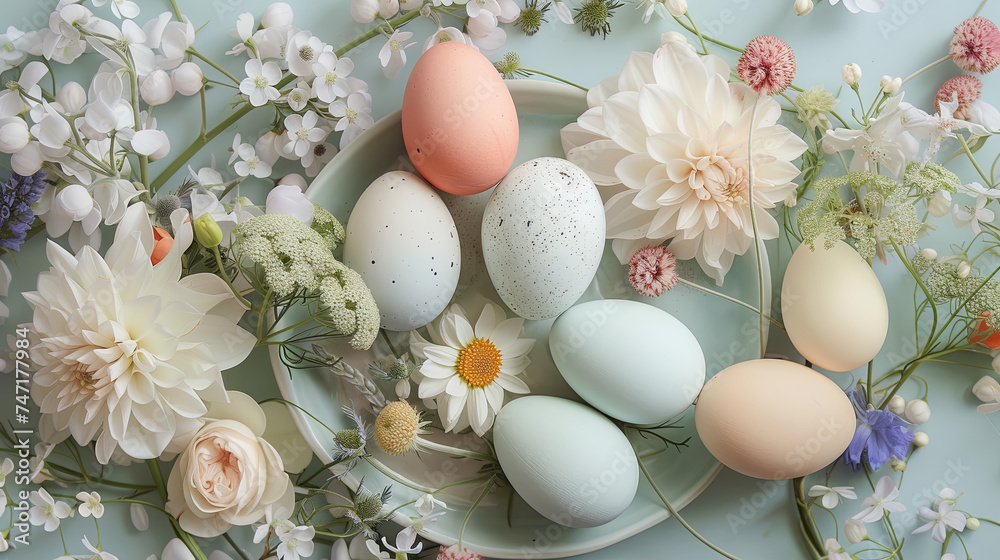 Easter eggs on spring background with flowers