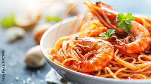 Delicious pasta with seafood shrimps on blurred restaurant background, copy space for text