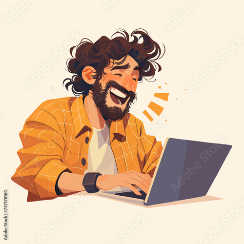 Wallpaper Mural Bearded Man Laughing While Using Laptop in Casual Outfit Illustration Torontodigital.ca