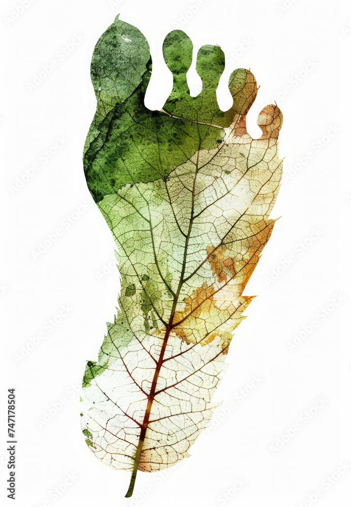 Obraz premium Generative AI, green watercolor ecology painted human carbon footprint with leaf veins
