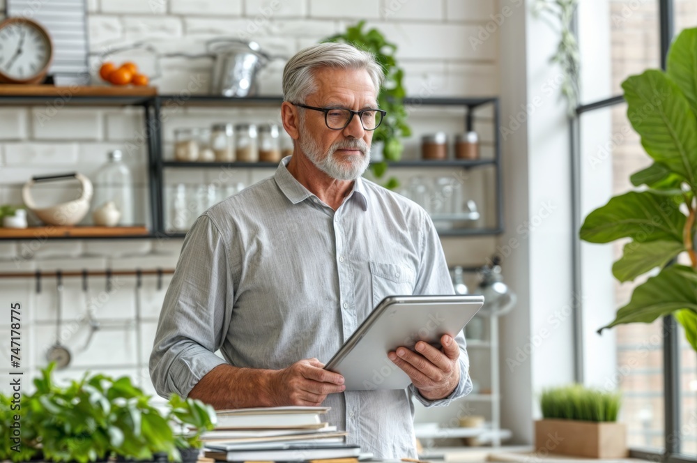 Portrait of senior man using digital tablet while standing in kitchen at home