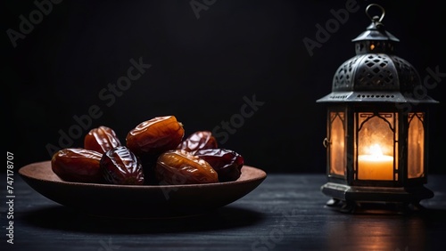 Fresh dates in a bowl and a lantern on dark background, Ramadan Kareem, Ramadan fruit.