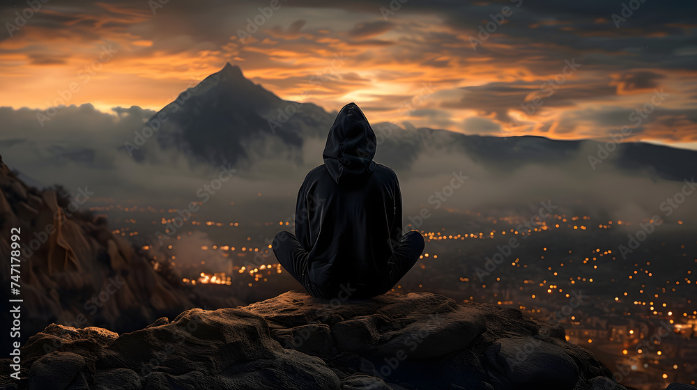 Man in black hooded hat sitting on a rock and looking.  - obrazy, fototapety, plakaty 