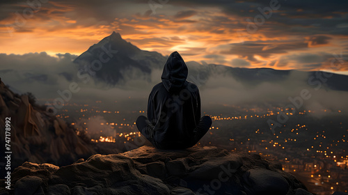 Man in black hooded hat sitting on a rock and looking.  photo