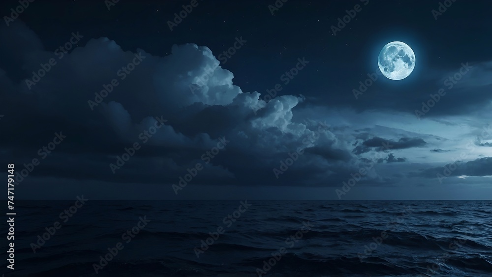 full moon over the sea, midnight cloudy sky.