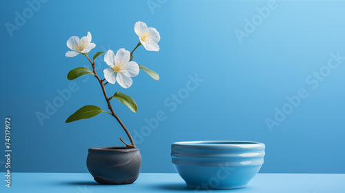 Petite fleur blanche dans un petit bol, sur une table. Arrière-plan bleu. Nature, fleurs, plantes. Espace vide de composition, fond pour conception et création graphique