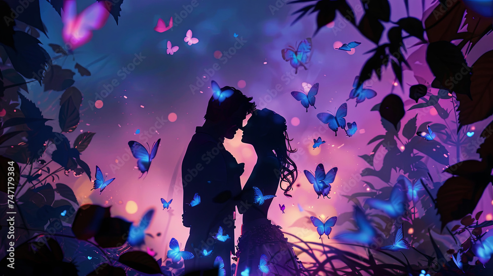 Fantastic silhouettes of a loving couple on a lilac background with shiny blue butterflies