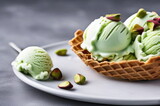 Pistachio Ice Cream Scoops with Waffles Nuts and Fresh Mint