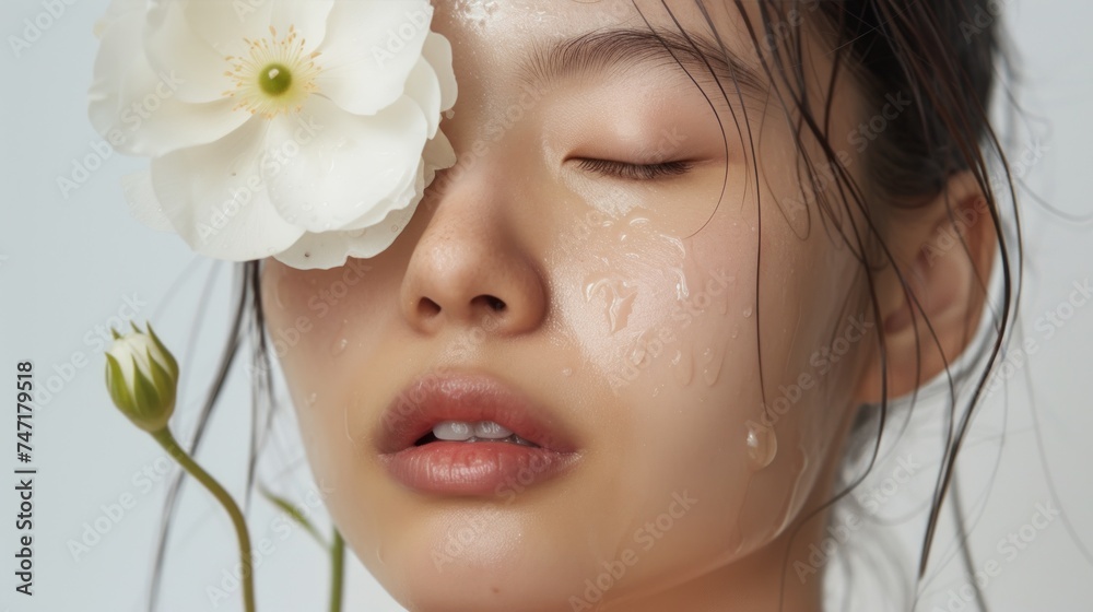 A close-up of a woman's face with closed eyes adorned with a single white flower and her skin glistening with droplets of water possibly indicating a fresh dewy complexion.