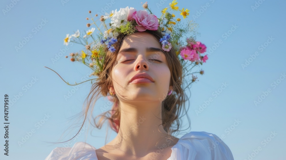 A woman with a floral crown on her head eyes closed and a serene expression set against a clear blue sky.
