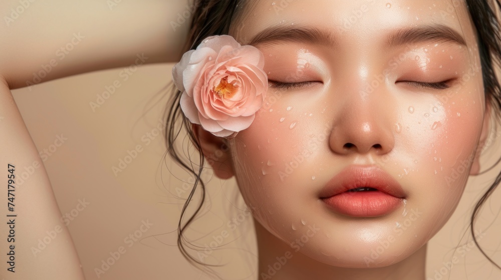 A close-up of a woman's face with closed eyes adorned with a pink rose petal and skin glistening with water droplets suggesting a serene and fresh atmosphere. A close-up of a woman's face with closed eyes adorned with a pink rose petal and skin glistening with water droplets suggesting a serene and fresh atmosphere.