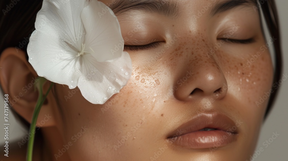 A serene close-up of a person with closed eyes adorned with a single white flower highlighting the beauty of the skin and the tranquility of the moment. A serene close-up of a person with closed eyes adorned with a single white flower highlighting the beauty of the skin and the tranquility of the moment.
