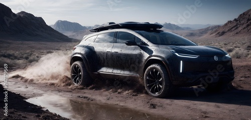A modern SUV coated with dust showcases its off-road capability in a desolate desert landscape. The vehicle s dynamic stance and dirt-splattered body emphasize its adventurous spirit.