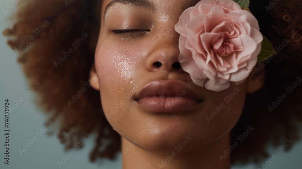 A woman with closed eyes a serene expression and a single pink rose resting on her closed eyelid set against a soft blurred background. - obrazy, fototapety, plakaty 