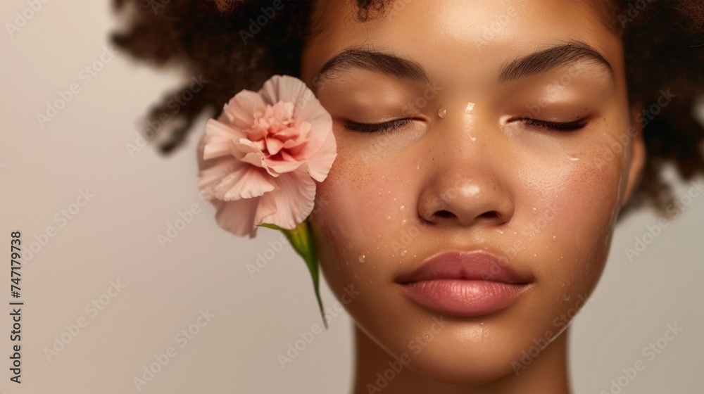 A serene close-up of a person with closed eyes adorned with a single pink flower exuding a sense of tranquility and natural beauty. A serene close-up of a person with closed eyes adorned with a single pink flower exuding a sense of tranquility and natural beauty.