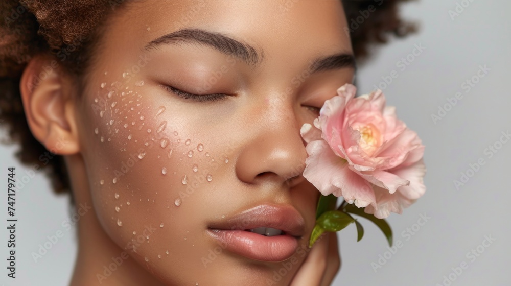 A young woman with closed eyes her face adorned with dewdrops gently holding a pink rose to her lips exuding a serene and ethereal beauty. A young woman with closed eyes her face adorned with dewdrops gently holding a pink rose to her lips exuding a serene and ethereal beauty.