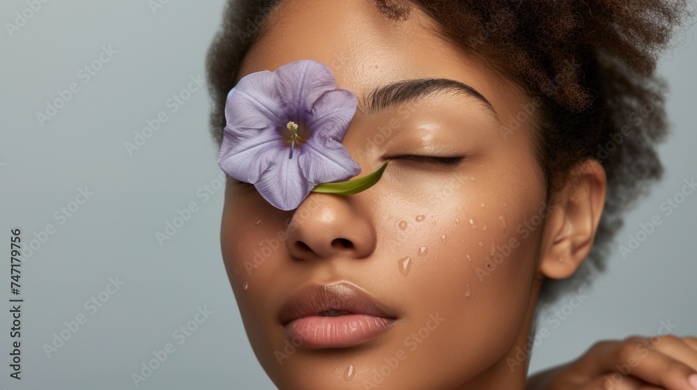 A woman with closed eyes a serene expression and a single purple flower resting on her eyelid with a few droplets of water on her face set against a soft light background. - obrazy, fototapety, plakaty 