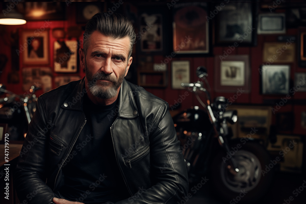An adult man of about 45 years old dressed in a black leather jacket posing looking at the camera in a rock bar with a motorcycle An adult man of about 45 years old dressed in a black leather jacket posing looking at the camera in a rock bar with a motorcycle