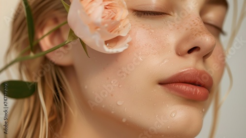 A close-up of a woman's face with closed eyes adorned with a single pink rose petal and her skin glistening with dewdrops. photo