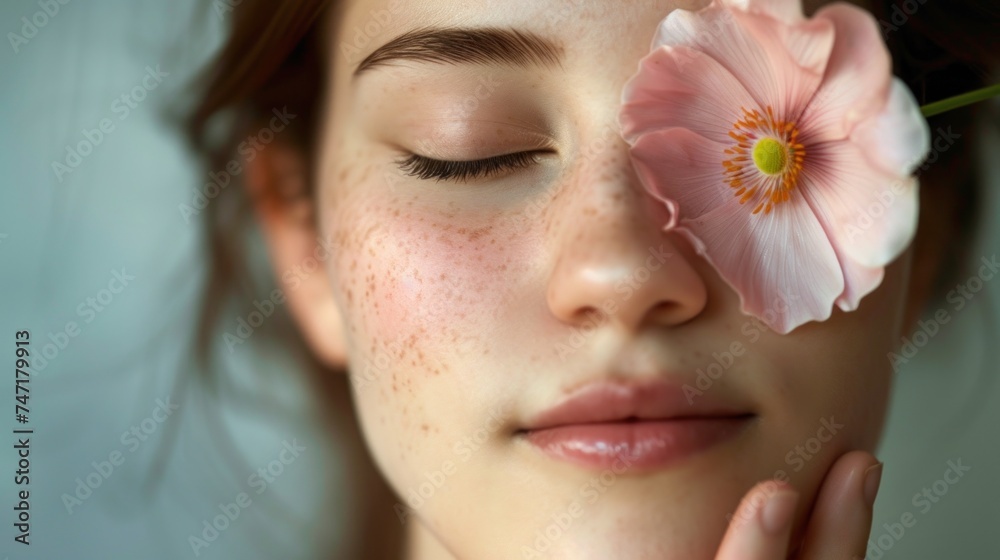A serene close-up of a woman with closed eyes freckles and a soft pink flower delicately placed on her eyelid evoking a sense of tranquility and natural beauty. - obrazy, fototapety, plakaty 